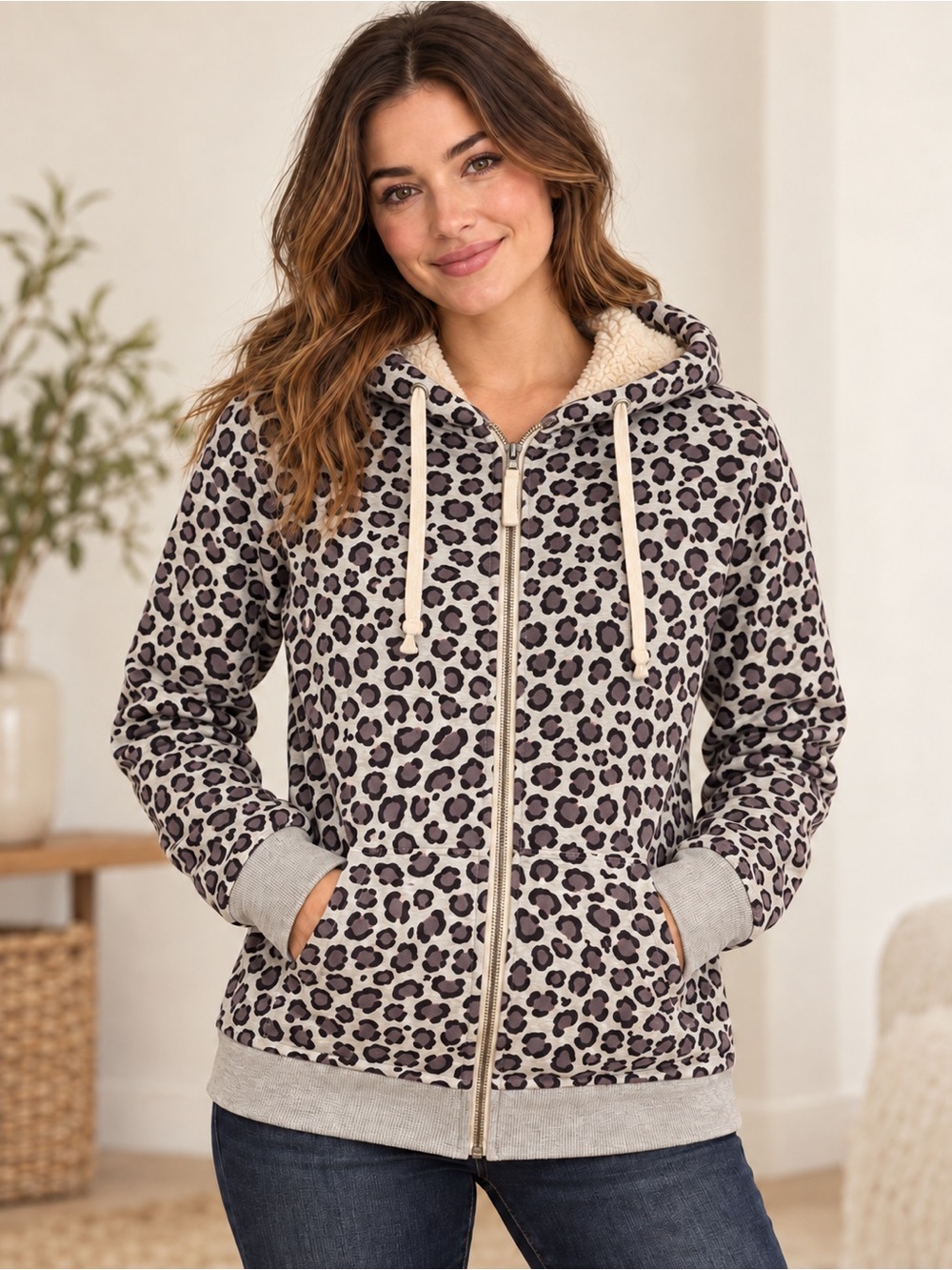 Boden Animal Print Sherpa-Lined Full-Zip Hoodie, Size S
